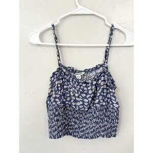American Eagle Smocked Floral Crop Tank Top Blue White Womens Size Small Cottage